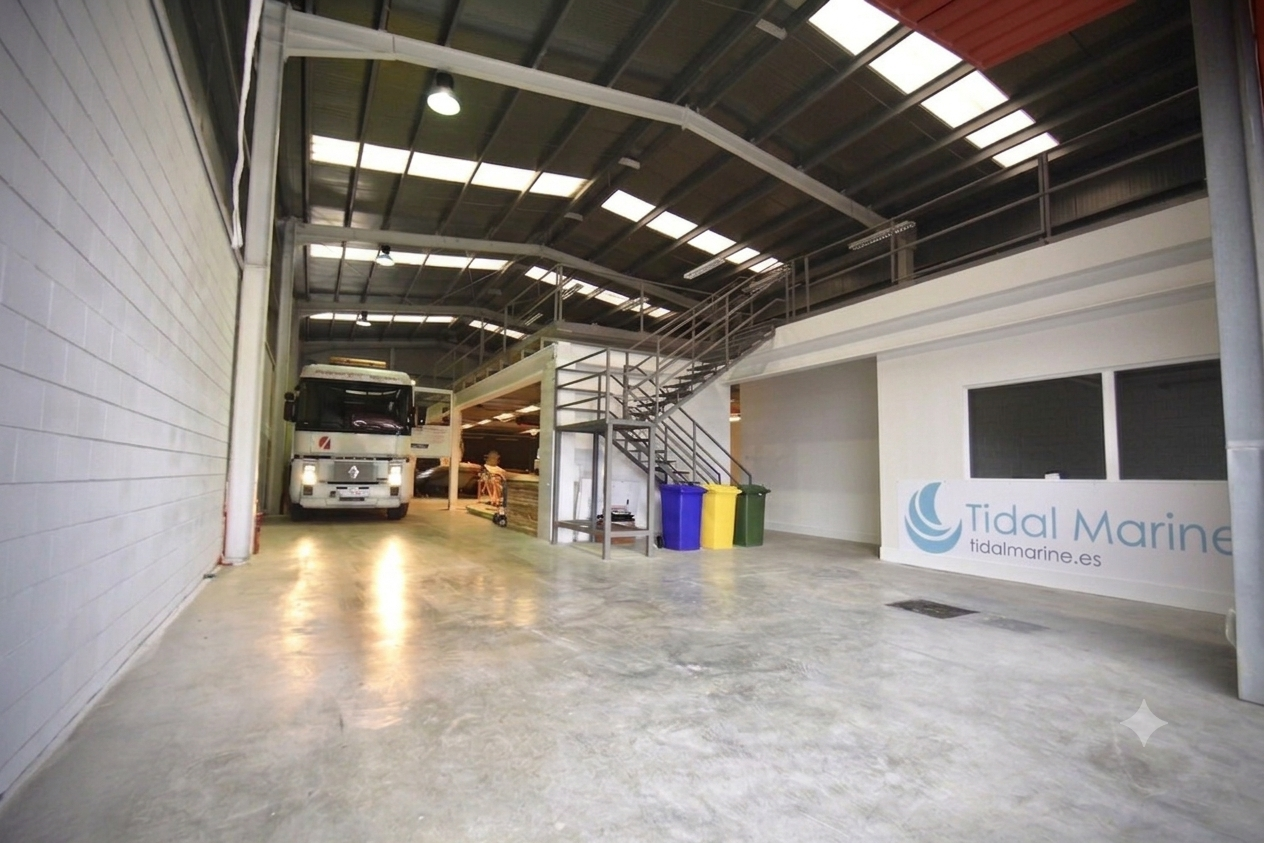 Boats and tenders stored inside the Tidal Marine indoor facility in Mallorca